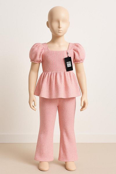 skycott Girl's Pink Square Patterned Ruffle Detailed Short Sleeve Suit