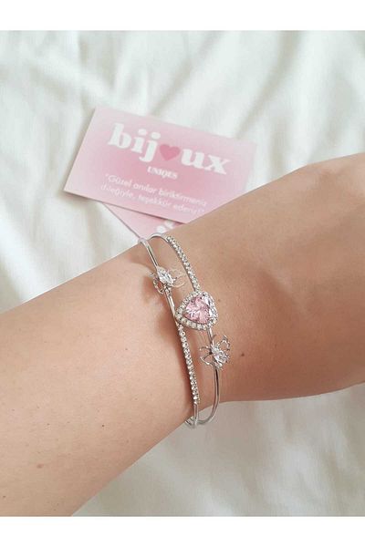 bijoux uniques Steel Adjustable Pink Heart&Butterfly Bracelet