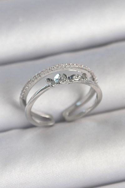 Skygo Brass Silver Color 2-Piece Zircon Stone Detailed Butterfly Figure Adjustable Model Women's Ring