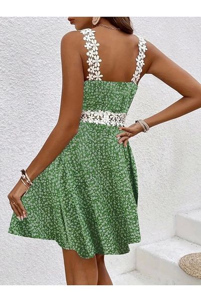 Inciqueen Women's Strap Lace Collar Floral Patterned Single Jersey Dress