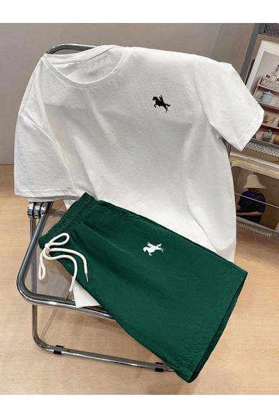 Lazy Koala Printed Men's Bottom Top Set - White T-Shirt Green Shorts