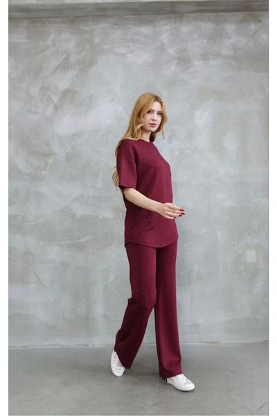 Tam12den Home Osy modal soft textured fabric bicycle collar stone detailed short sleeve set - burgundy