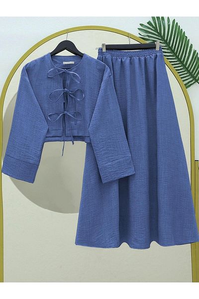 MACMODA Linen Suit with Lace-Up Front and Elastic Waist Skirt
