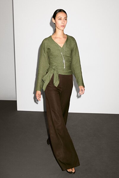 Massimo Dutti Beli bağcıklı dökümlü keten bluz