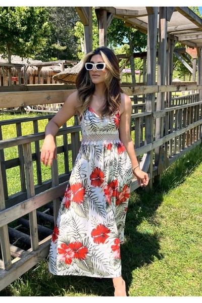 Butik Rochie maxi din jerseu pentru femei, cu bretele din frânghie, cu decolteu în V, cu talie, cu model de flori din guipură, cu fantă laterală