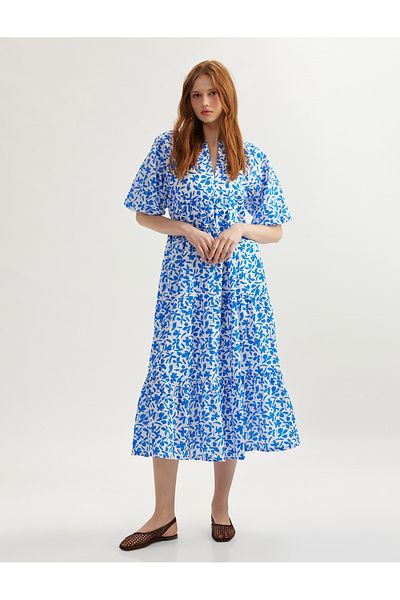 Koton New Season Cotton Lined Mandarin Collar Balloon Sleeve Long Floral Dress