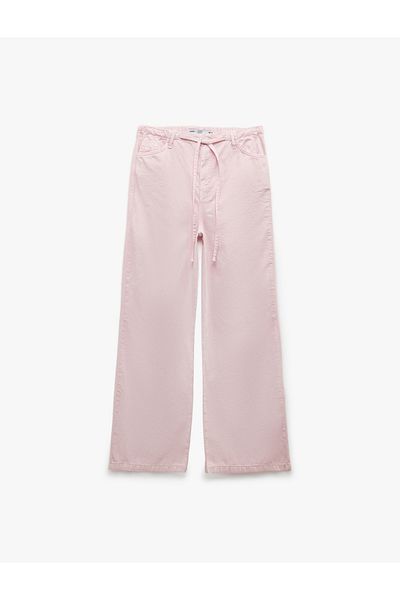 Koton New Season Koton X Sibil Çetinkaya - Cotton Straight Leg Trousers with Laced Waist and Pockets -