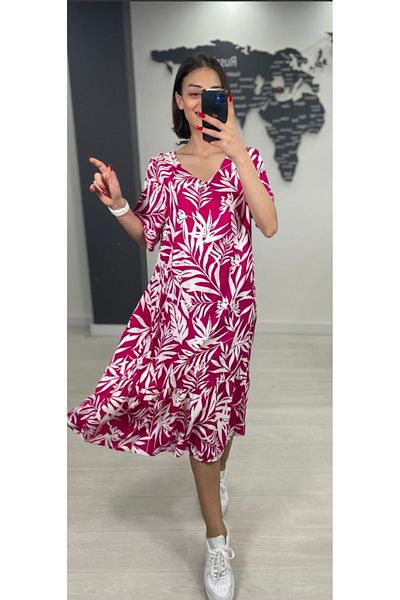atelyu Women's Plus Size Pink Color Floral Summer Viscose Dress