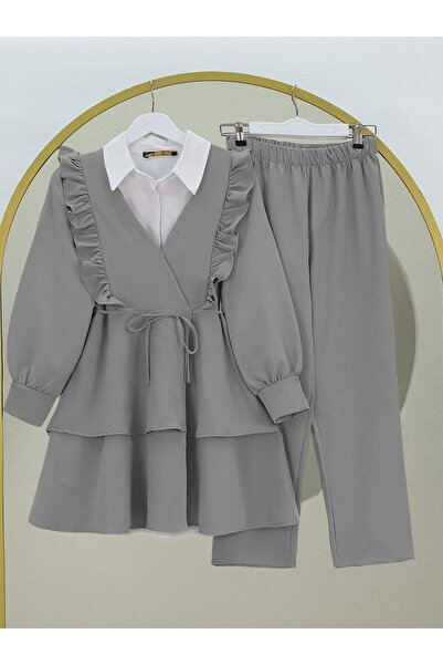 MACMODA Ruffled Lace-Up Skirt and Tiered Pants Kimono Set