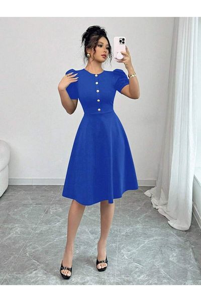 Monapera Crew Neck Balloon Short Sleeve Button Detail Design Mini Flared Dress