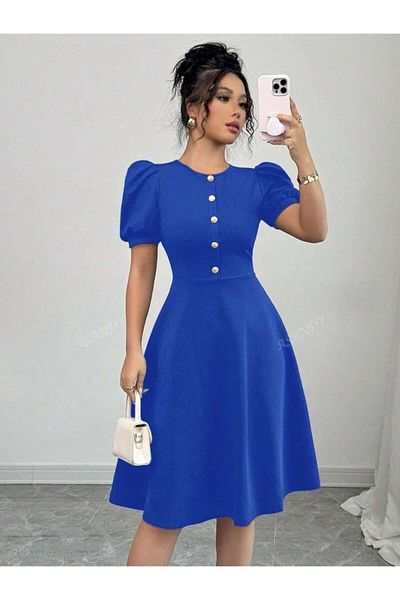 Monapera Crew Neck Balloon Short Sleeve Button Detail Design Mini Flared Dress
