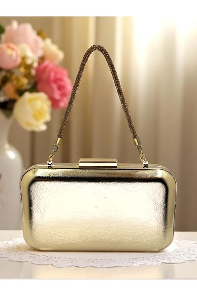 Biçanta Gold Gold Dore Color Wrinkled Patent Leather Stone Handle Evening Dress Bag Evening Bag Wedding Engagement Portfolio