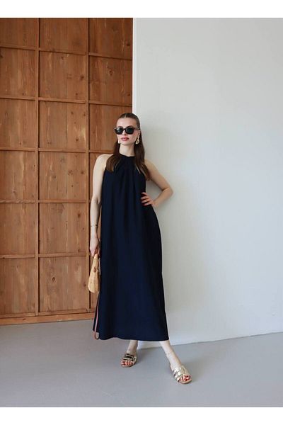 Gameyal Women's Halter Neck Casual Linen Midi Dress