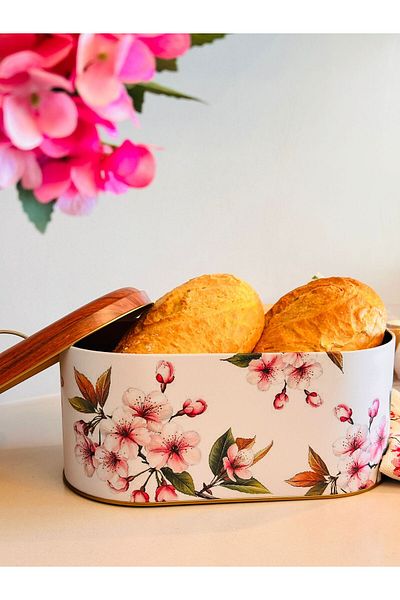 Makri Bread Box, Metal Bread Box, White Bread Basket with Flower Pattern, 34 X 19 X 16 cm