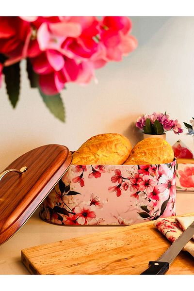 Makri Bread Box, Metal Bread Box, Cherry Blossom Patterned Pink Bread Basket, 34 X 19 X 16 cm