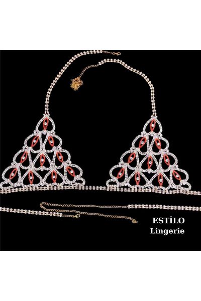 Estilo Lingerie Gold Red Detailed Body Jewelry, Crystal Stone Bikini, Stone Bra Panties, Luxury Underwear Set