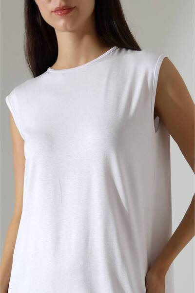 MetuCA Women's White Oversize Zero Sleeve Crew Neck Basic Daily Underwear Tunic Viscon Fabric