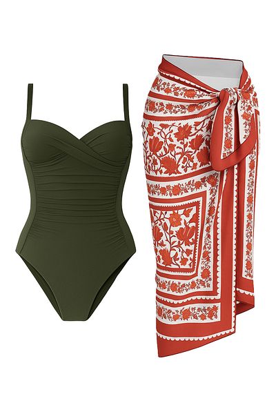 CUPSEA Women's Gathering Draped Khaki Rose Patterned Underwear Pareo Set of 2 Stylish and Slimming Effect