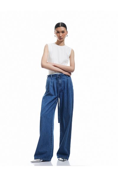 Koton New Season High Waist Wide Leg Belt Detailed Pleated Jean Trousers