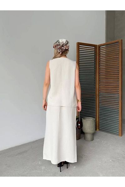 CanselButik Linen sleeveless zero neck button sleeveless cardigan skirt twin set- white
