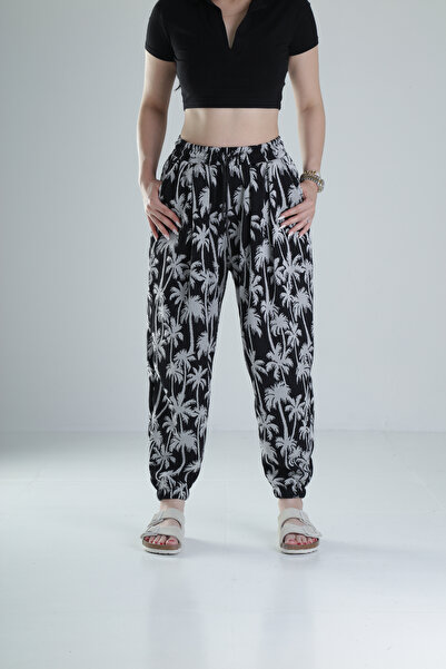 COCOPELLI Pantaloni de jogging plisați cu model de palmier negru