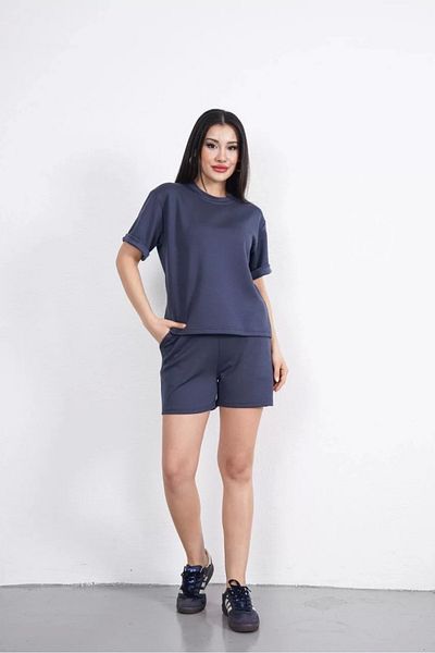 BÜŞRA TEZEL MODA Osy Modal Soft Textured Fabric Women's Crew Neck T-Shirt Short Shorts Two Piece Set - Anthracite