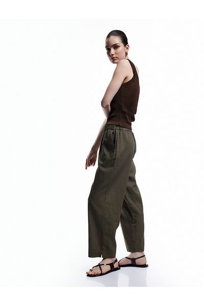 Koton New Season Elastic Waist Lined Pocket Wide Leg Linen Trousers