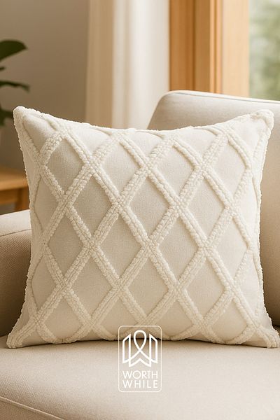 WorthWhile Vera Chenille Throw Pillow Case – Ecru 43X43 cm (30X50 – 40X60 Size Options)