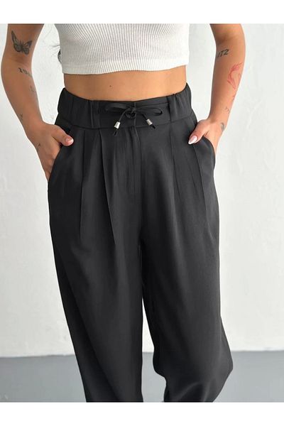 BBbutik Women's High Waist Lace-Up Comfortable Pocketed Pipe Leg Pants - Black