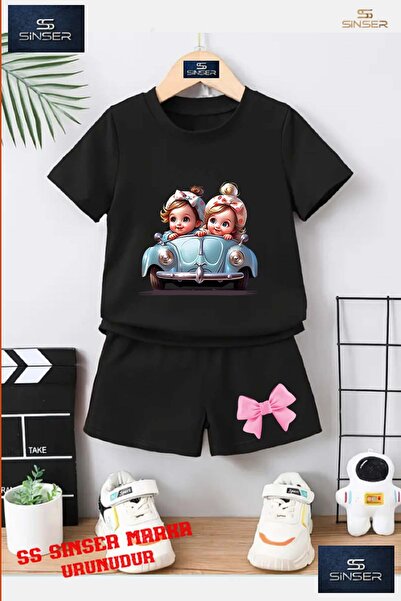 SS SİNSER Kids “Car 2 Girl Cute“ Custom Printed Crew Neck T-Shirt - Shorts Set