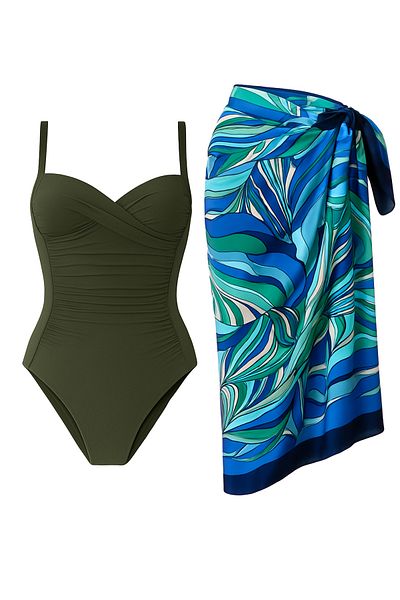 CUPSEA Women's Gathering Draped Khaki Sea Blue Does Not Show Underwear Pareo Set of 2 Stylish and Slimming Effect