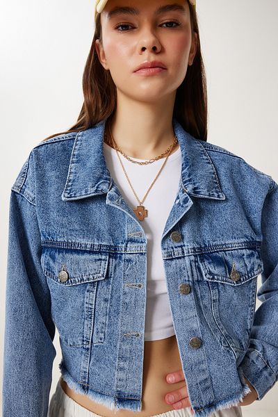 Lovelyİstanbul Φούντα Λεπτομερές τζιν Crop Jacket ΑΝΟΙΧΤΟ ΜΠΛΕ LAN0014