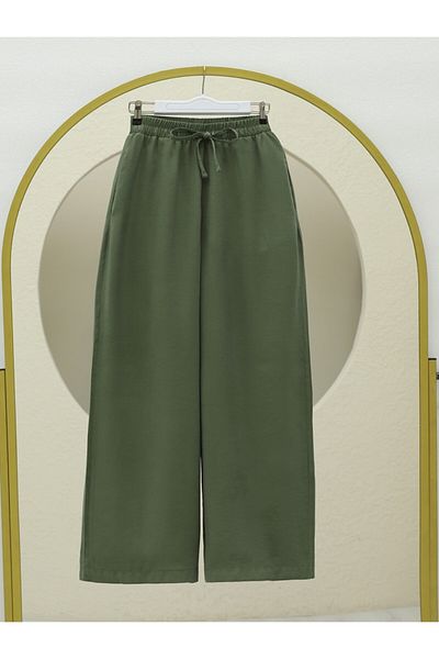 Modamorfo Loose Trousers with Elastic Waist and Lace-Up Wide Legs - Khaki