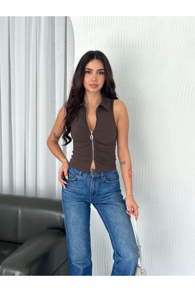 CanselButik Collared Full Zipper Tank Top - Brown