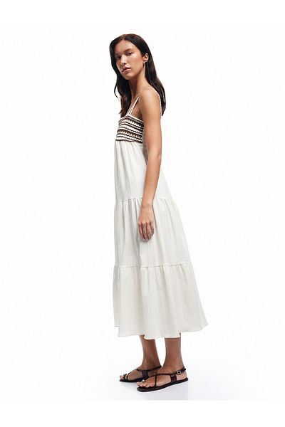 Koton New Season Viscose Linen Blended Sleeveless Layered Square Collar Long Strap Muslin Dress