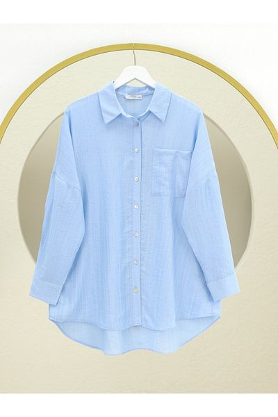Modamorfo Single Pocket Long Loose Shirt on the Back - Light Blue
