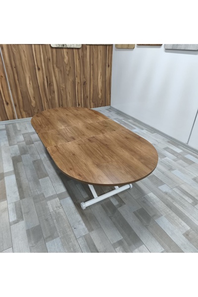 SEHPAM AKILLI Ortadan Açılır Akıllı Yemek Masası Oval Mdf Tabla Alt Mekanizma Metal Beyaz Renk