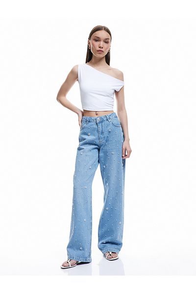 Koton New Season Regular Waist Buttoned Stone Detailed Jean Trousers - Straight Fit Jean