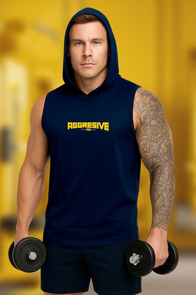 BESSA Men's Aggresive Printed Navy Blue Oversize Crew Neck Cotton Hooded Sleeveless Sportsman Undershirt/Tshirt