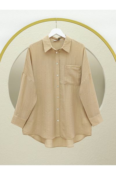 Modamorfo Single Pocket Long Loose Shirt on the Back - Mink