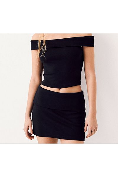 SUHIS Black, Folded Waist, Hidden Elastic Waist, Tight Mini Skirt