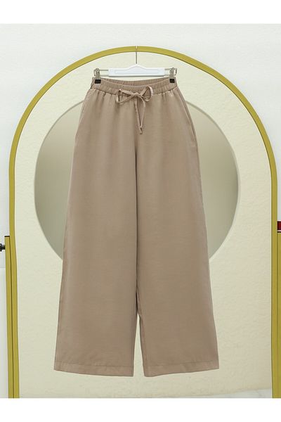 Modamorfo Loose Trousers with Elastic Waist and Lace-Up Wide Legs - Mink
