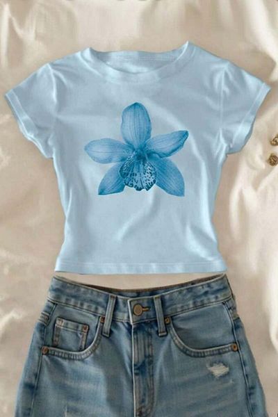 Pop Giyim Lily Flower Printed Short Sleeve Blue T-Shirt