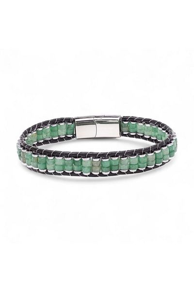 AKSESUARIM Green Aventurine & Hematite Steel Braided Leather Bracelet