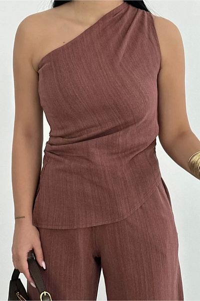 Vemora Women's Linen Asymmetrical One Shoulder Blouse Pantalon Suit - Claret Red