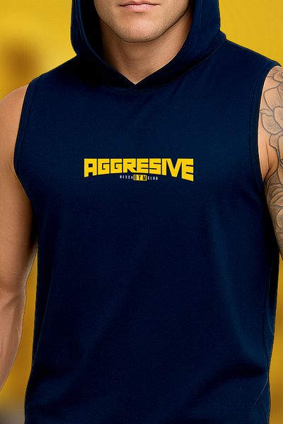 BESSA Men's Aggresive Printed Navy Blue Oversize Crew Neck Cotton Hooded Sleeveless Sportsman Undershirt/Tshirt