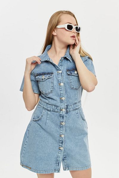 Vovikon Kn Front Back Collet Short Sleeve Denim Women's Jeans Dress