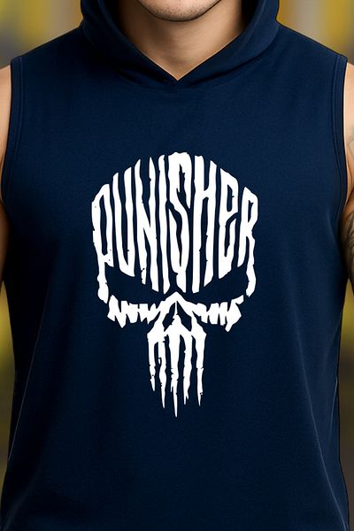 BESSA Men's Punisher Printed Navy Blue Oversize Crew Neck Cotton Hooded Sleeveless Sports Tank Top/Tshirt