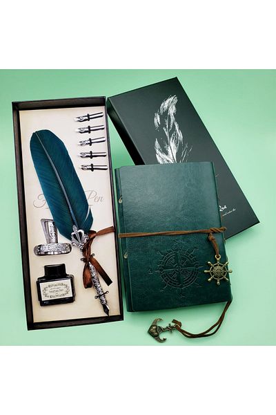 AC BOX Leather Notebook and Feather Ink Pen Set Green