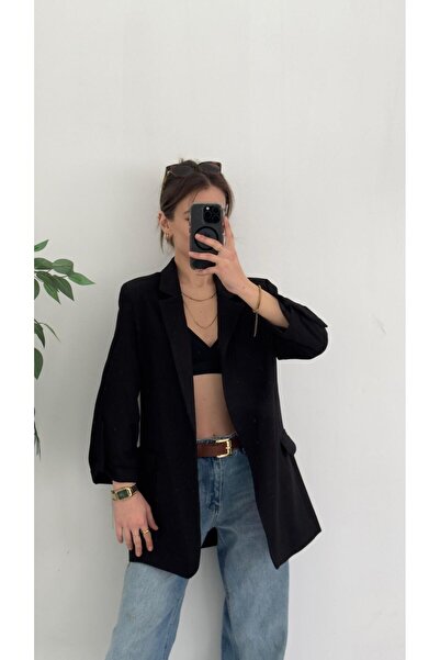 LUVESSE Helen Siyah Premium Kol Katlamalı Poliviskon Blazer